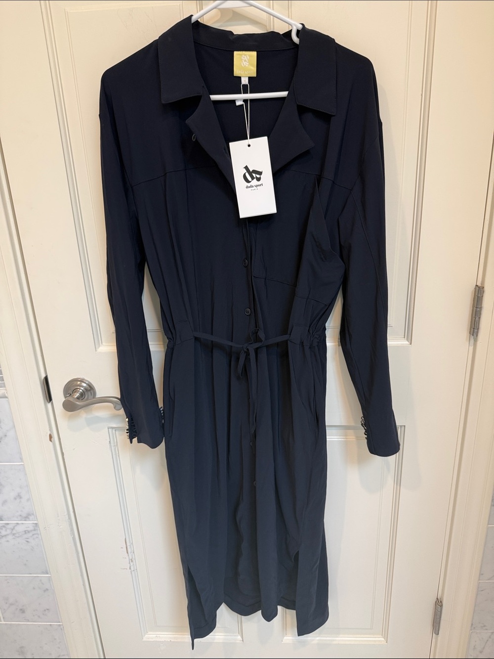 Dark Navy Long-Sleeve Shirt Dress with Tie Waist
